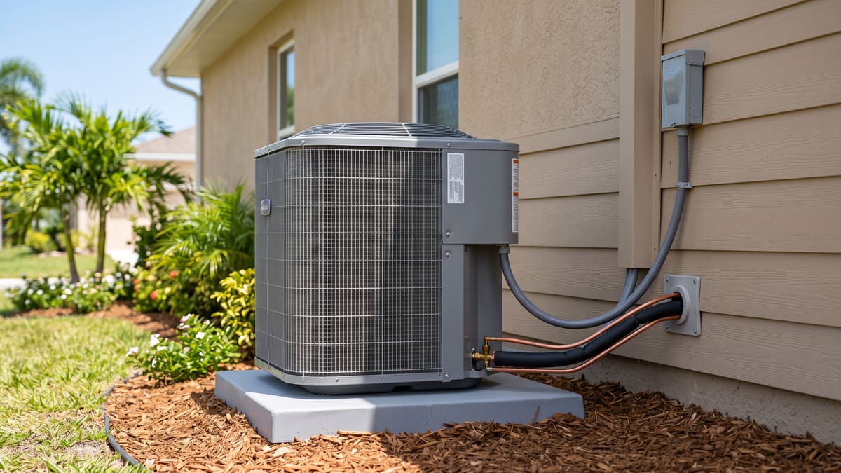 A grey outdoor air conditioning condenser on a concrete pad beside a Florida home. The electrical disconnect and insulated refrigerant lines run into the wall.