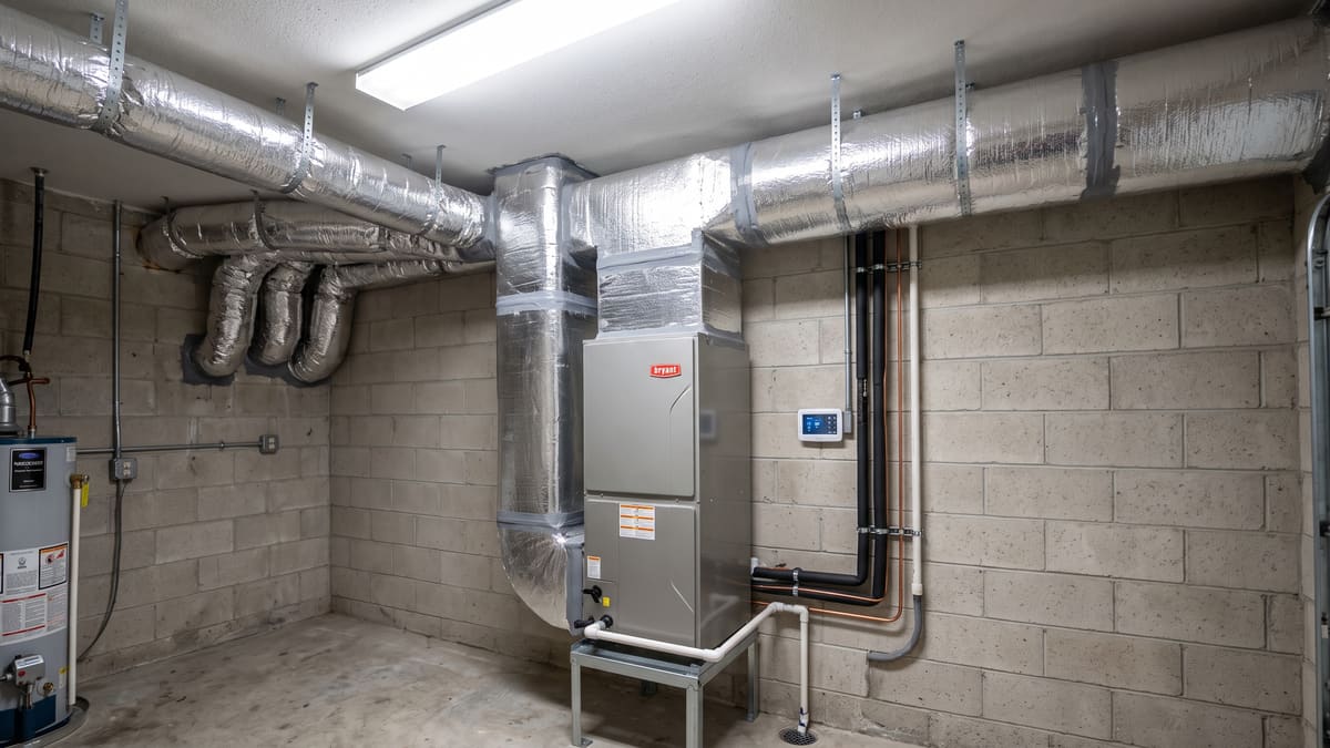 An indoor mechanical room with a ducted air handler and insulated trunk and branch ducts overhead. A thermostat sits on the block wall.