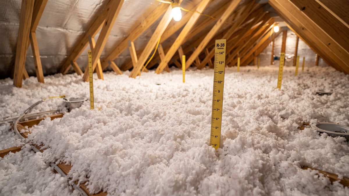 Blown insulation across an attic floor with yellow R-38 depth rulers standing in it, marked off in inches