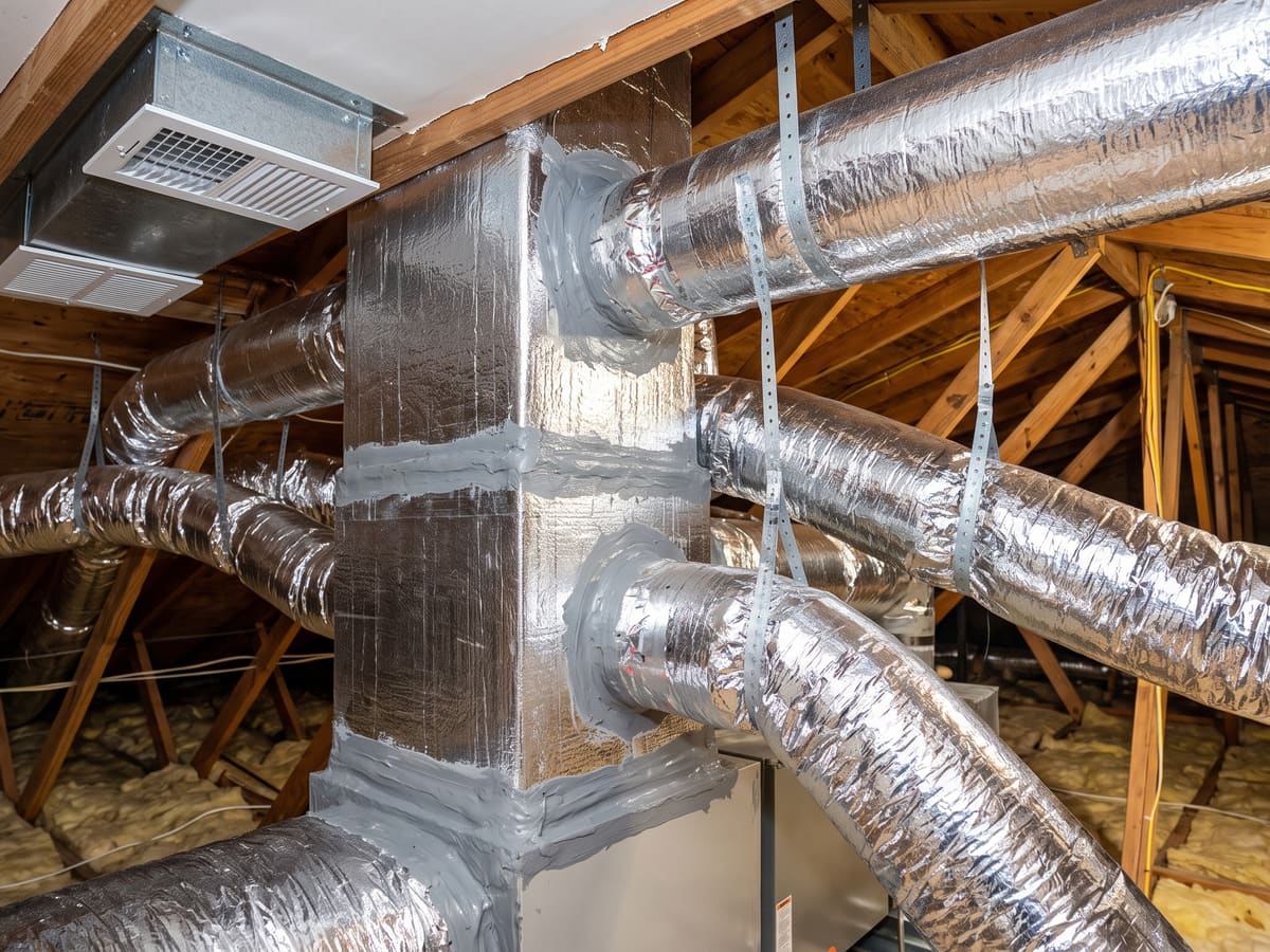 An attic duct system with a mastic-sealed rectangular plenum. Insulated flex branches run off it on metal hangers. A ceiling supply boot and register sit at the left, and the air handler below.