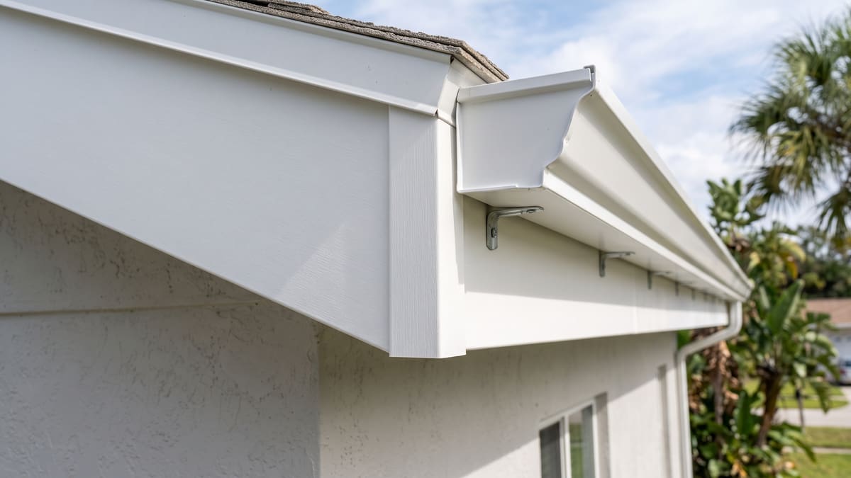 A white wrapped fascia board along the eave of a white stucco Florida home. Gutter hanger brackets are fixed along it.
