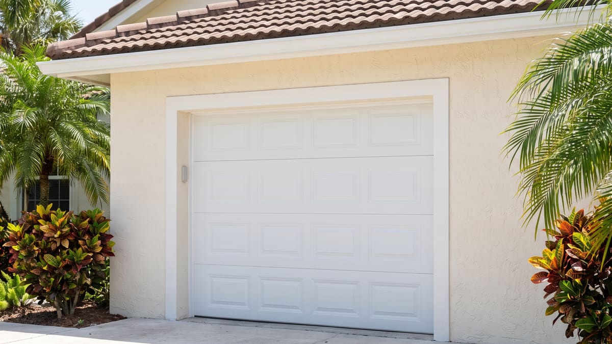 Closed white steel single-bay garage door with four sections of raised panels. It sits in the cream stucco wall of a Florida home, under a barrel tile roof. A concrete driveway runs in front.