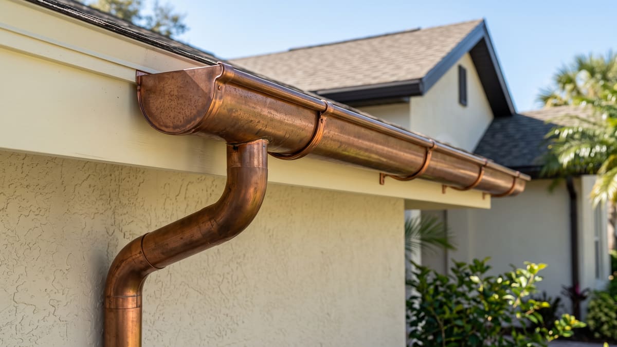 A copper half-round gutter and downspout showing early patina, on a cream stucco Florida home