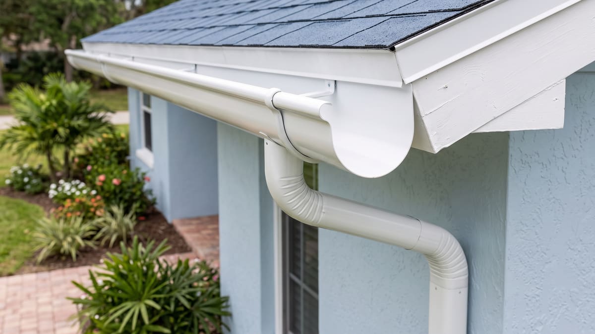 A white half-round gutter and round downspout along the fascia of a light blue Florida home