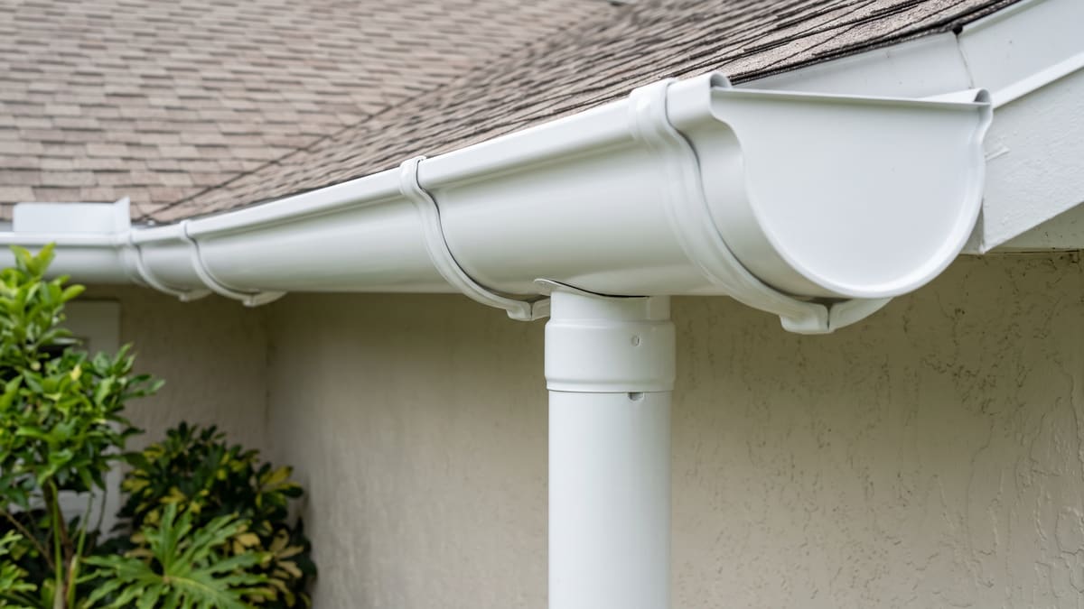A white half-round aluminum gutter with a round downspout along the fascia of a beige stucco Florida home