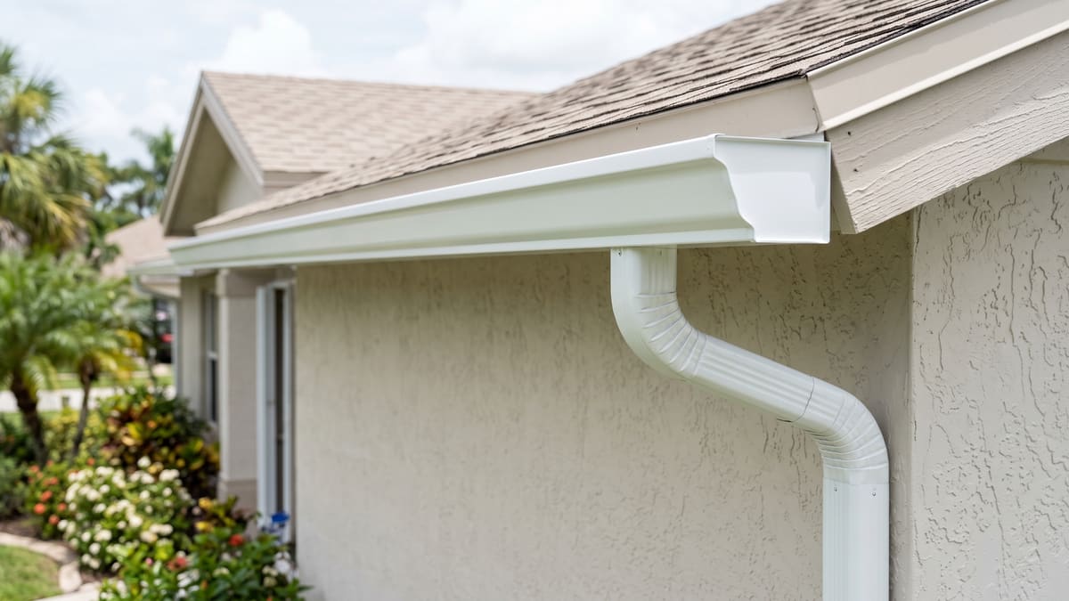 A white seamless aluminum gutter running along the fascia of a beige stucco Florida home. A downspout elbows down the wall.