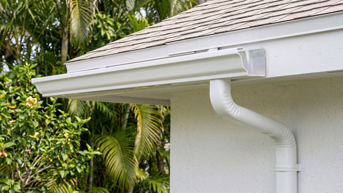 A white square-profile gutter with a visible end cap along the fascia of a white stucco Florida home. Palms stand behind it.