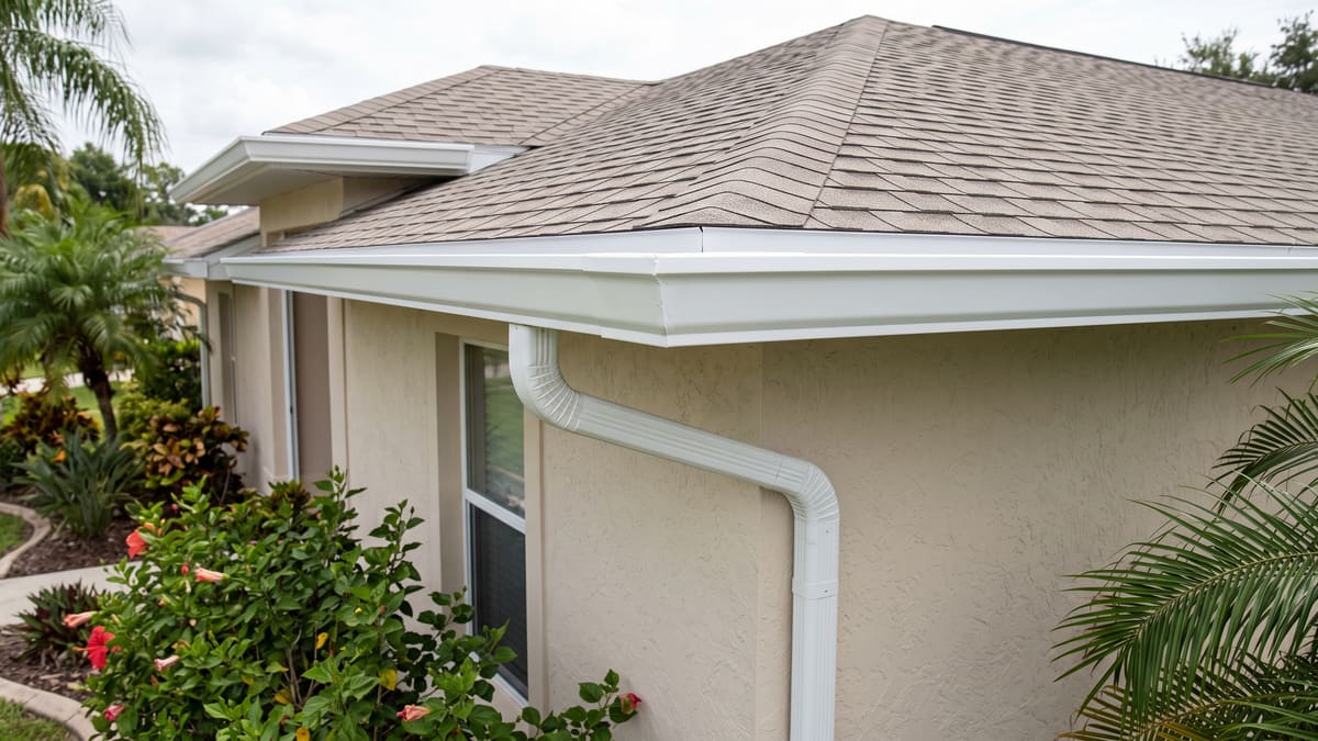 An oversized white gutter running along the hip roofline of a beige stucco Florida home