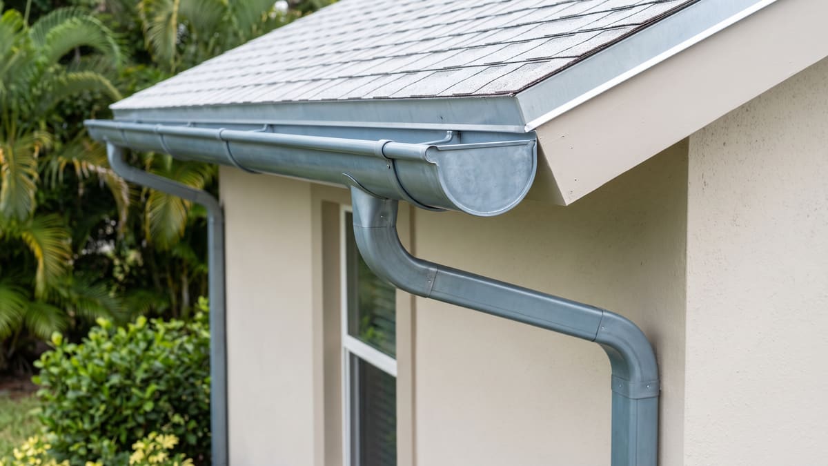 A grey zinc half-round gutter and matching round downspout on a beige stucco Florida home