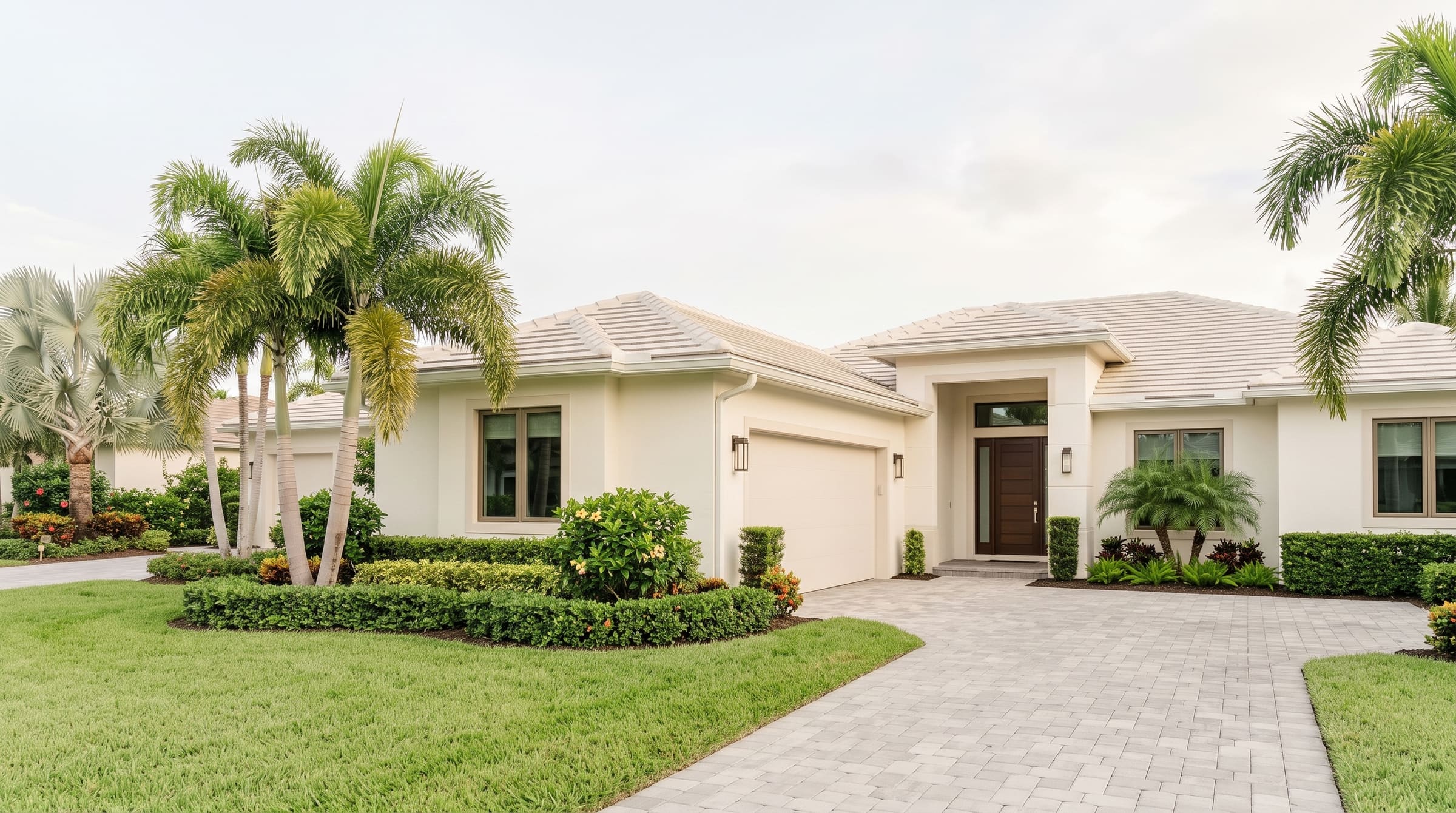 Una casa de una planta en la Florida, de color crema, con techo de teja clara, palmeras, jardinería, entrada de adoquines y una puerta principal de madera oscura bajo un cielo pálido y nublado