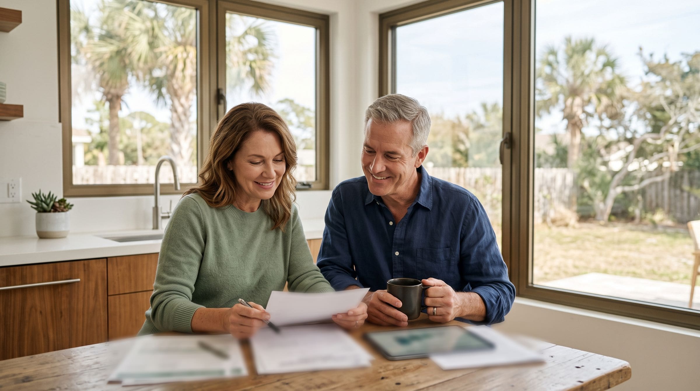 A smiling middle-aged couple at a wooden kitchen table; she is reviewing papers with a pen, he is holding a coffee mug, a tablet sits on the table, and large windows behind them look out on palms