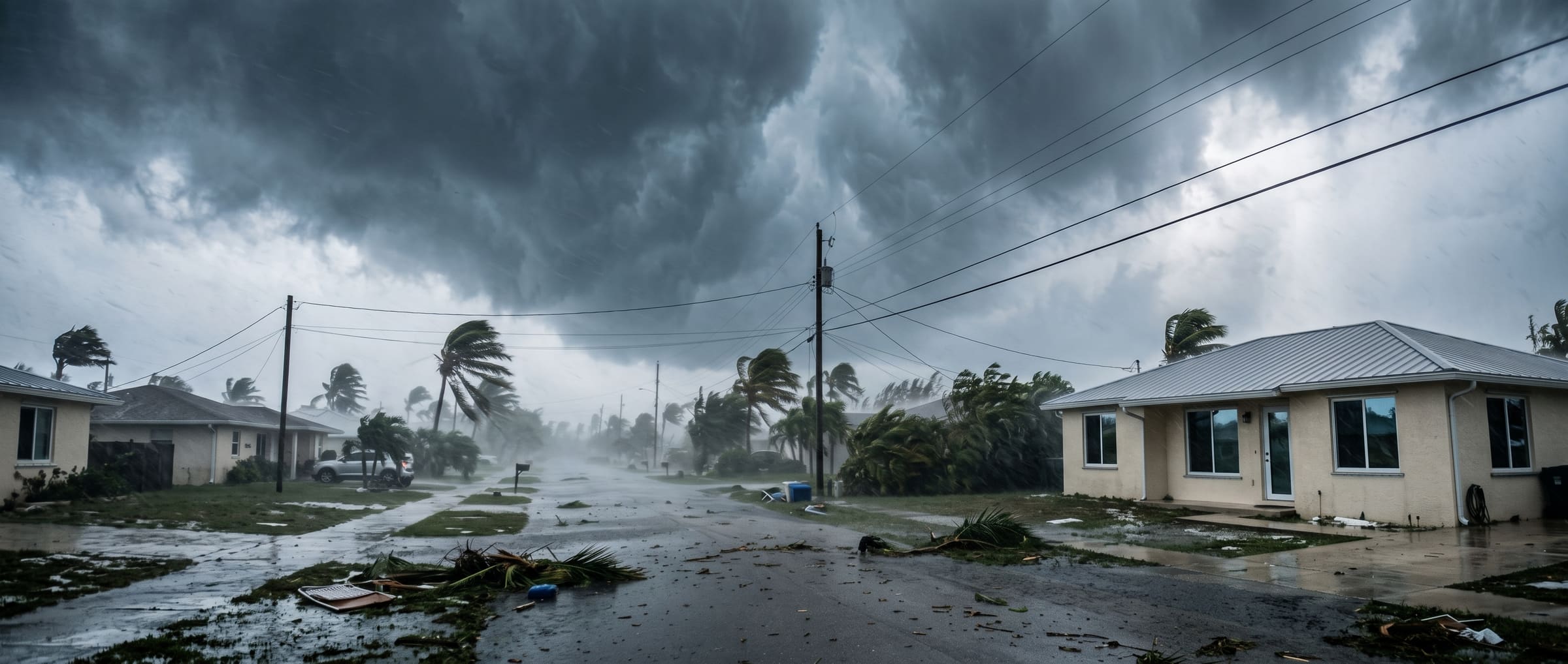 A Florida residential street during a hurricane: dark storm clouds, palms bent in the wind, rain, debris and downed fronds on the road, and a cream house with a metal roof on the right