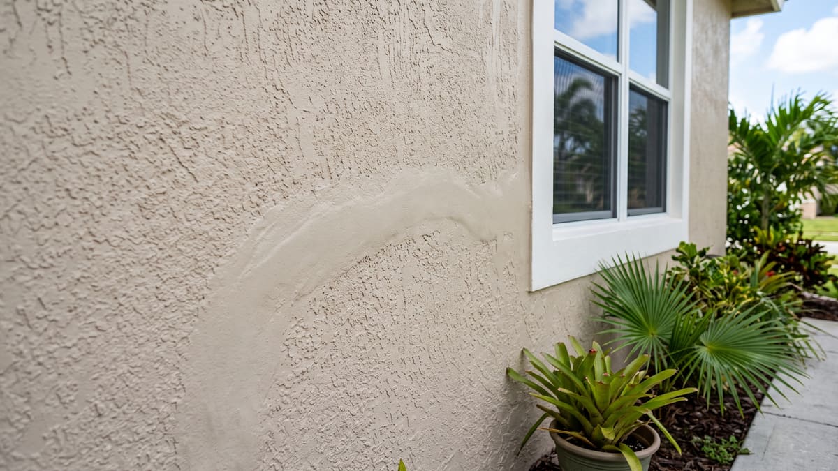 A heavily textured stucco wall carrying a thick coating, raking sunlight showing the surface relief, beside a white-trimmed window