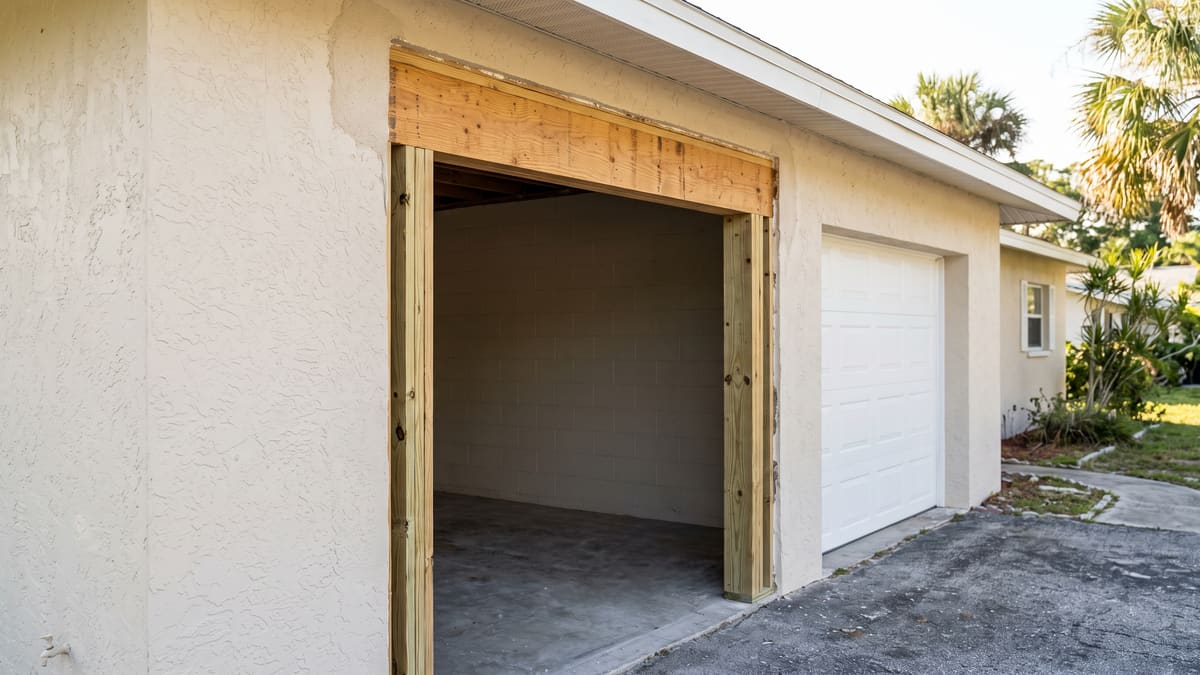 A newly framed opening in a stucco wall, with pressure-treated jambs and a wood header. Concrete block is visible inside, and an existing garage door stands to the right.
