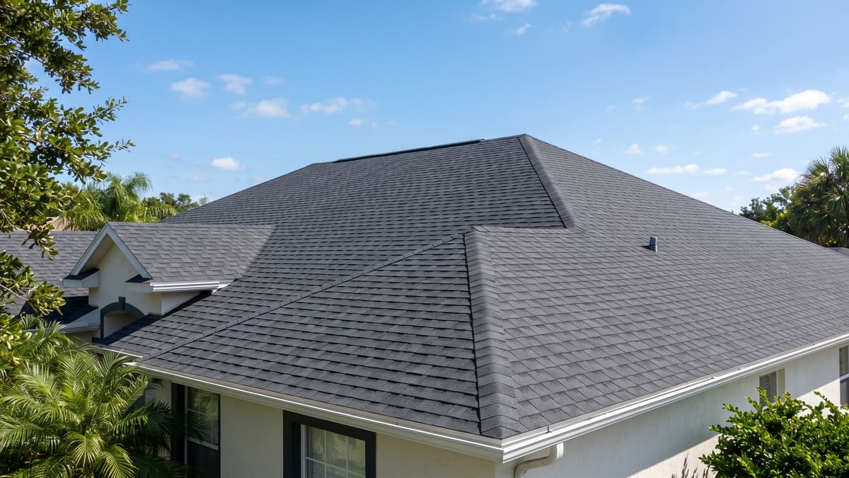 Dark grey architectural asphalt shingle hip roof on a single-story Florida home