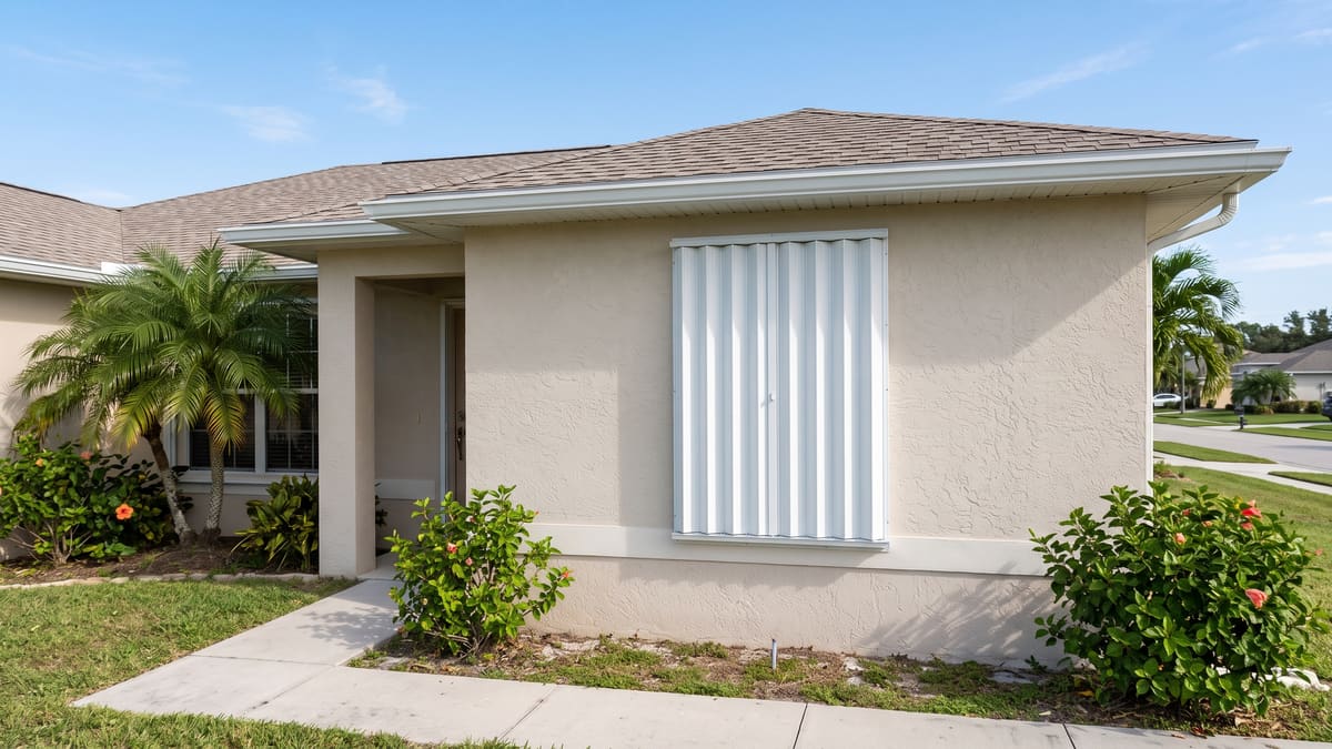 A white accordion shutter closed across a window on a single-story beige stucco Florida home. Palms and hibiscus grow in the yard.
