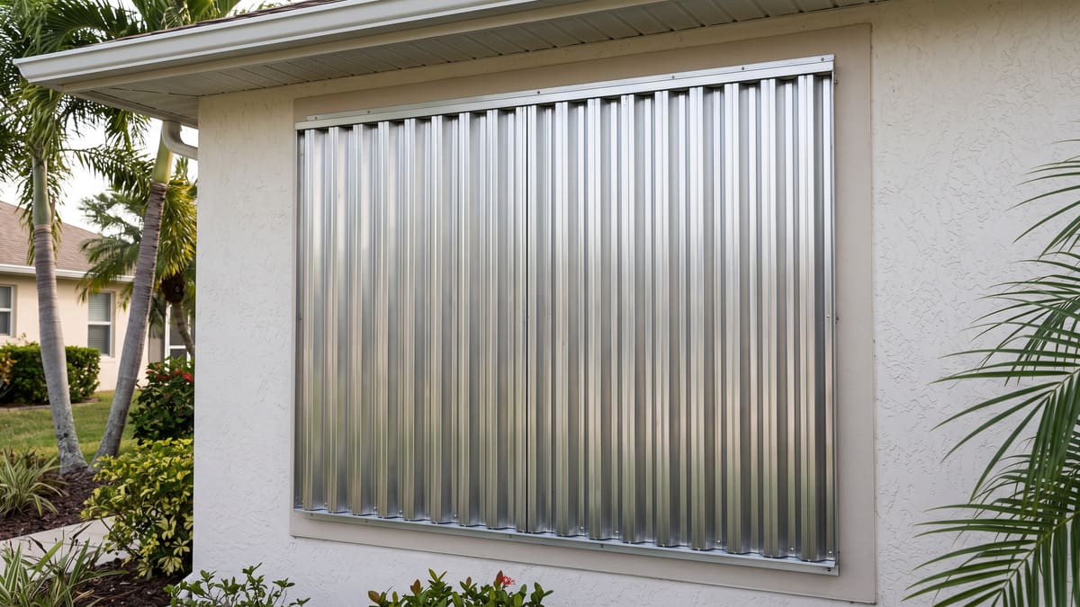 Corrugated mill-finish aluminum storm panels installed across a window on a beige stucco Florida home. They fasten into tracks above and below the opening.