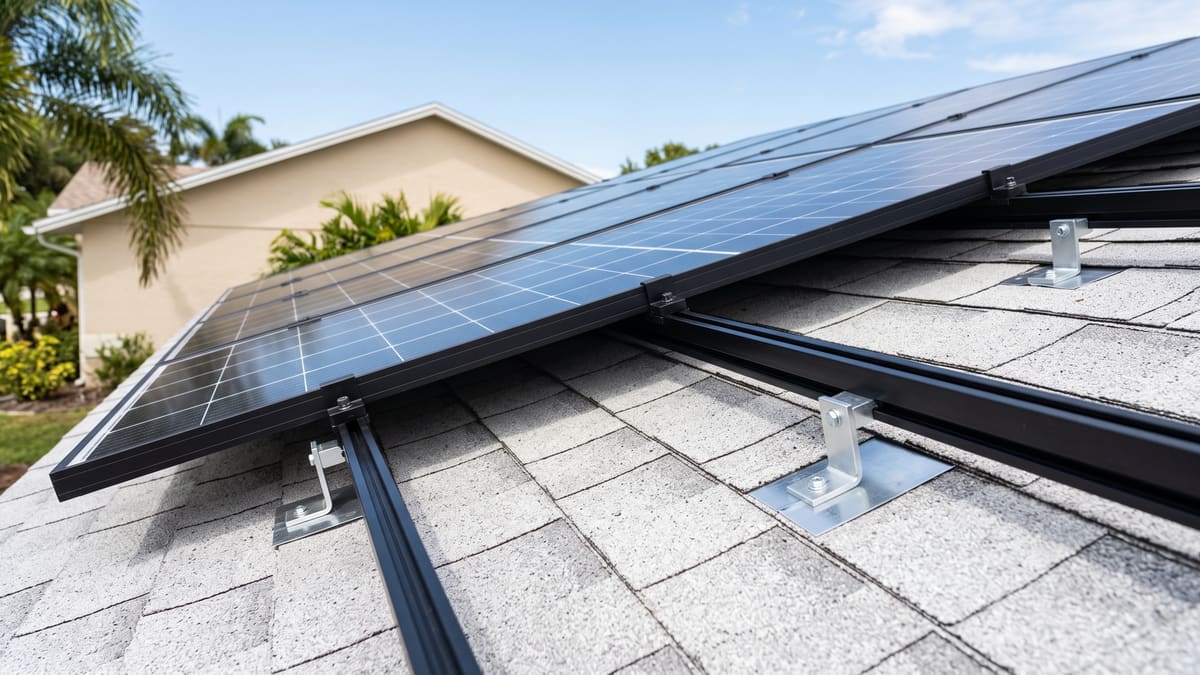 A black solar panel mounted on rails over shingles. The flashed mounting feet and a bare rail section are visible beside it.