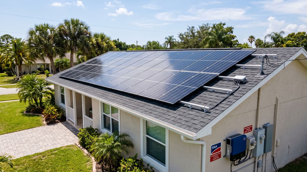 A Florida home seen from above with a full roof solar array. A wall-mounted inverter and its disconnects sit beside the garage.