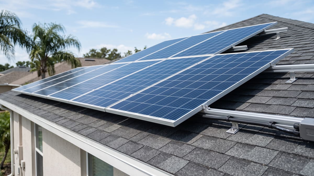 Blue solar panels tilted on rails across the dark shingle roof of a Florida home. Conduit runs to a junction box.