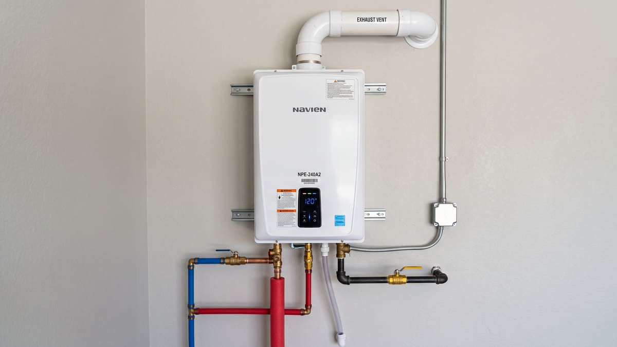 A white tankless water heater mounted on a wall, its display reading 120 degrees. Colour-coded supply lines run below it, and an exhaust vent sits above.