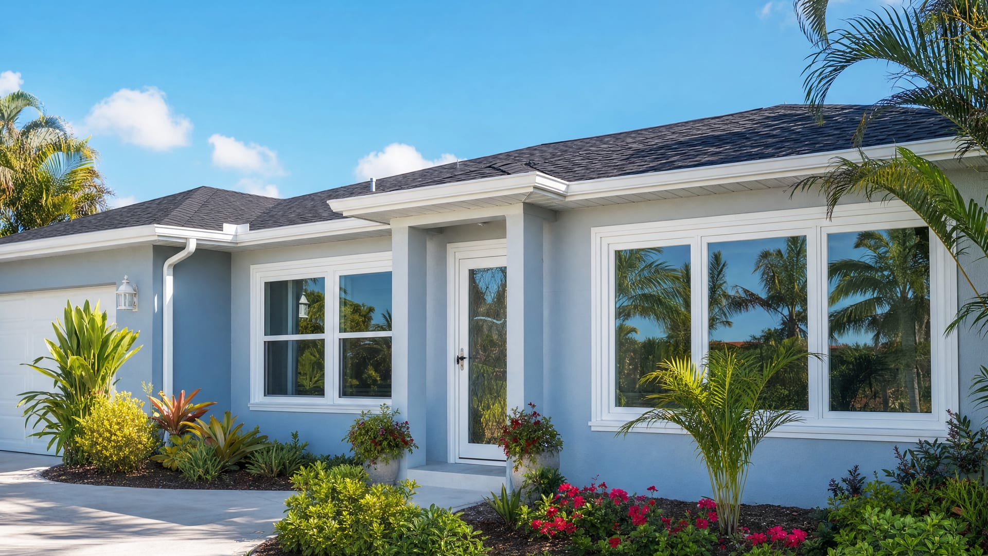 Single-story Florida home with impact windows, an impact entry door, a wind-rated garage door, and a new shingle roof