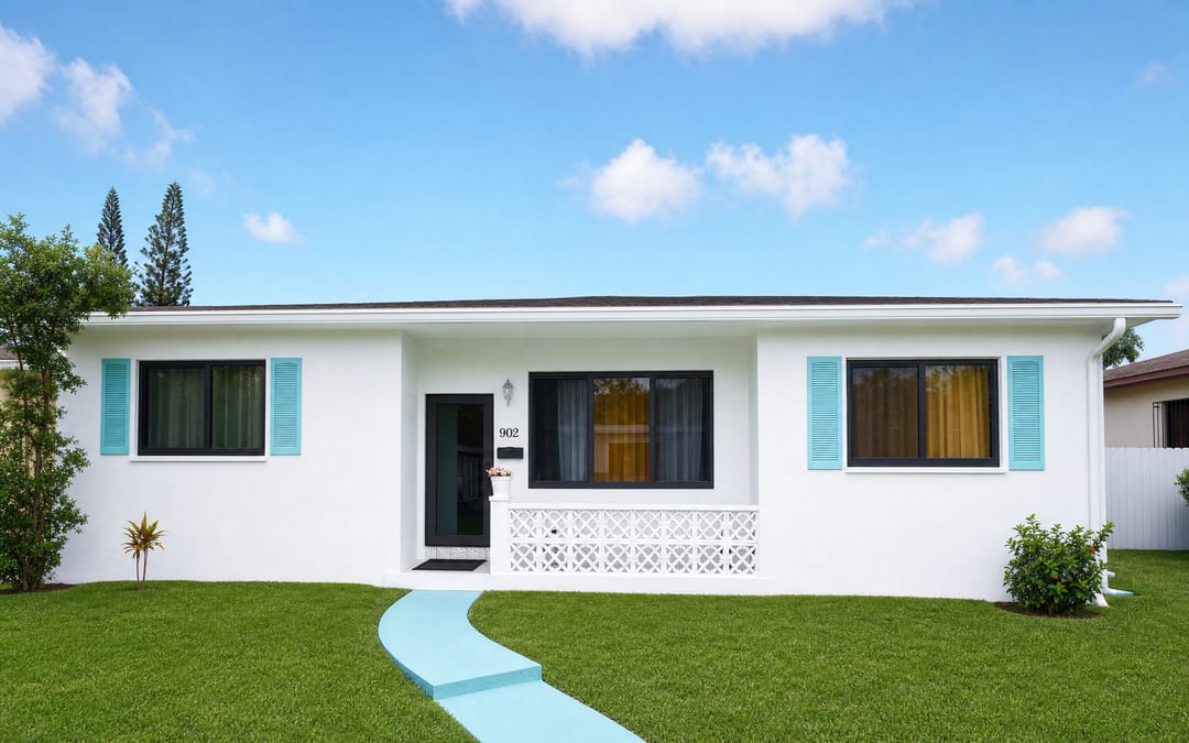 Single-story Florida home after impact windows, a dark impact entry door, and fresh white exterior paint with teal shutters